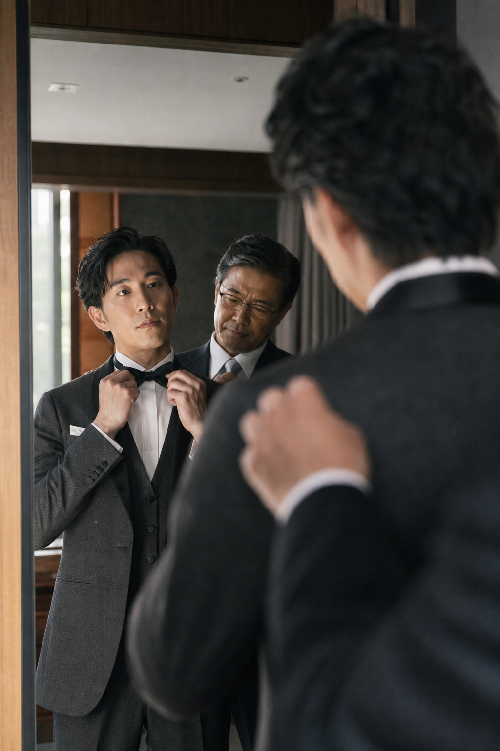 静かな室内で身支度をする花婿