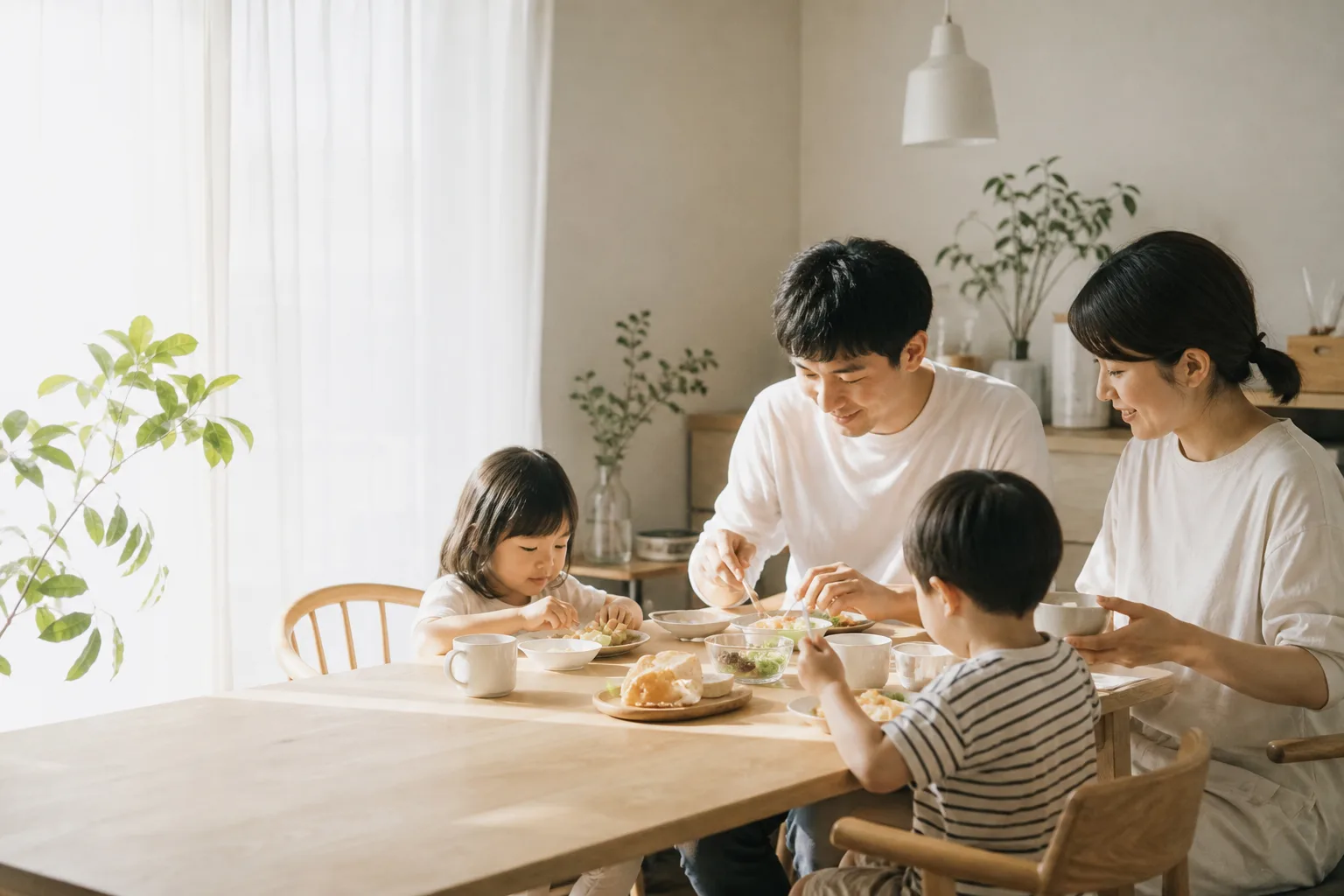明るい食卓で朝食を囲む家族