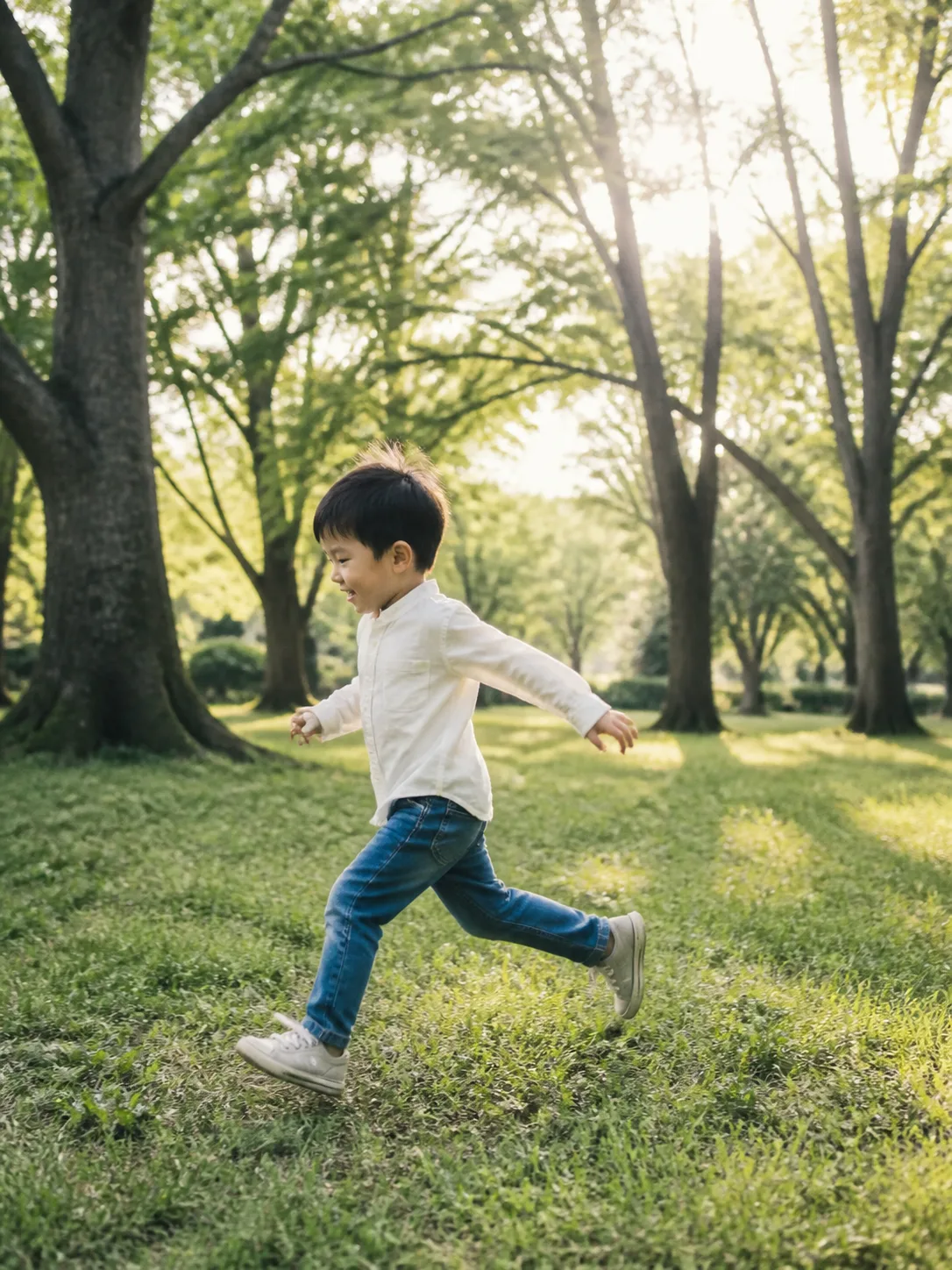 木漏れ日の公園を走る子ども