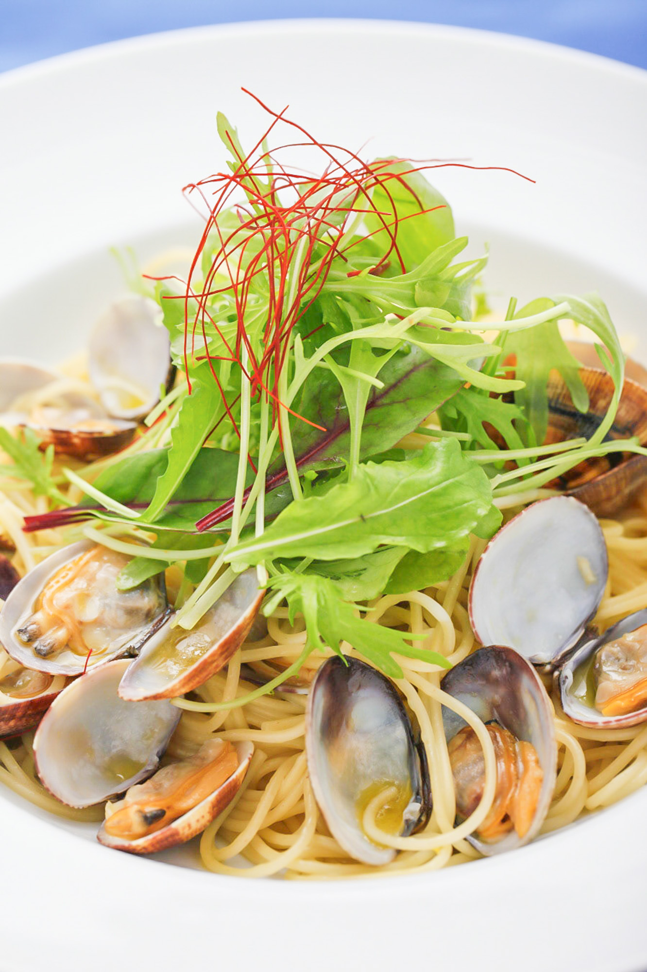 貝と葉野菜を盛り付けたパスタ