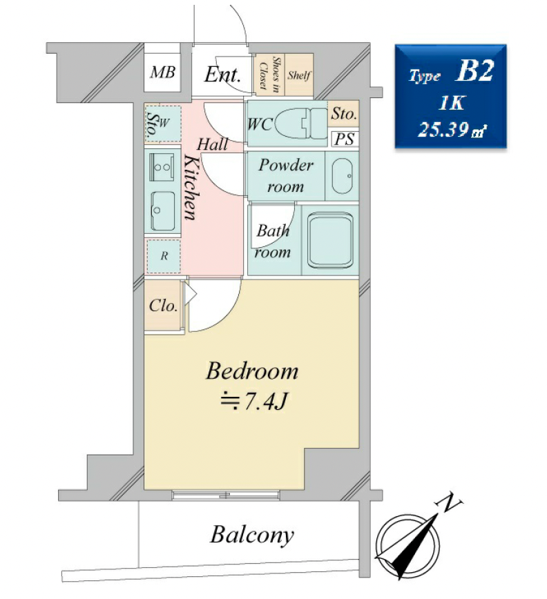 クロスレジデンス日本橋浜町 間取り図 1K 25.39㎡