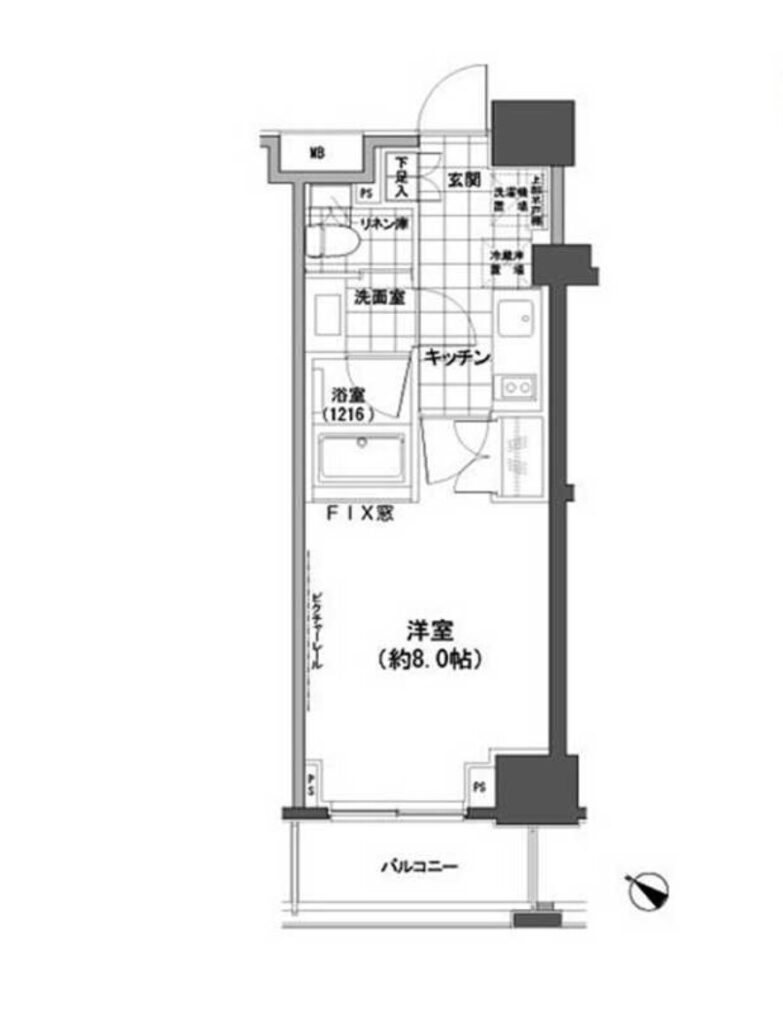 パークハビオ人形町 8F 1K 25.96㎡ 仲介手数料無料 間取り図 1K 25.96㎡