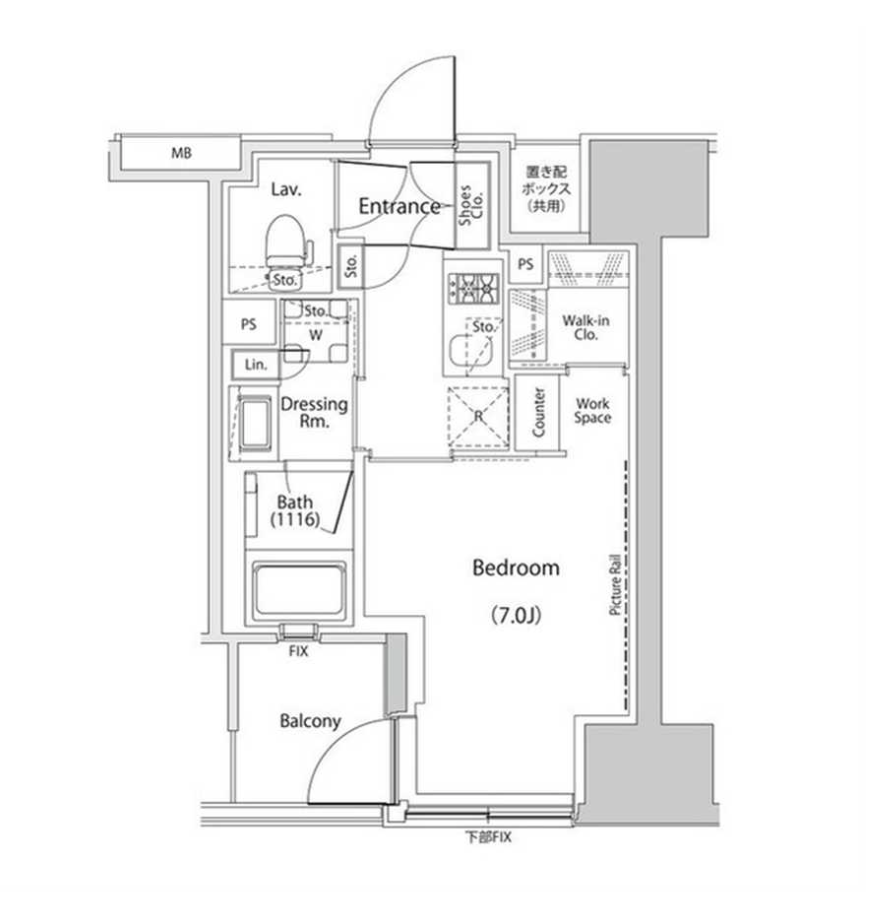 ザ・パークハビオ人形町レジデンス 3F 1K25.56㎡ 仲介手数料無料 間取り図 1K 25.56㎡