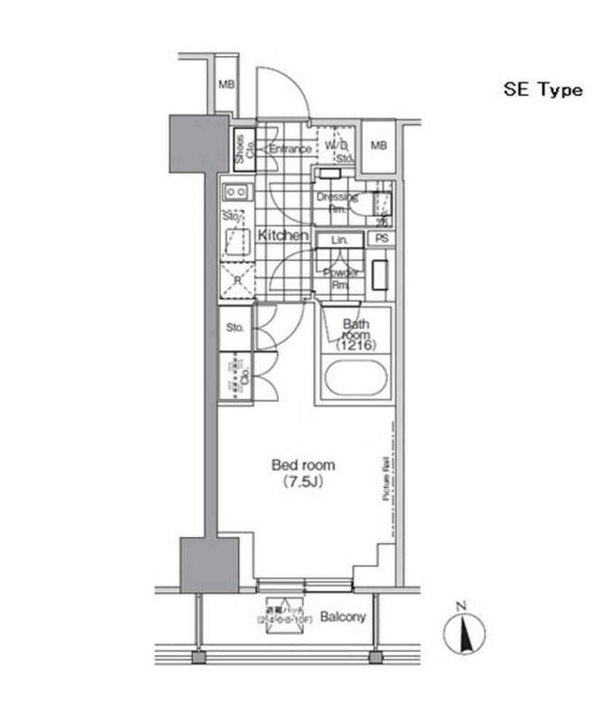 パークハビオ門前仲町 8F 1K 25.12㎡ 仲介手数料 間取り図 1K 25.12㎡