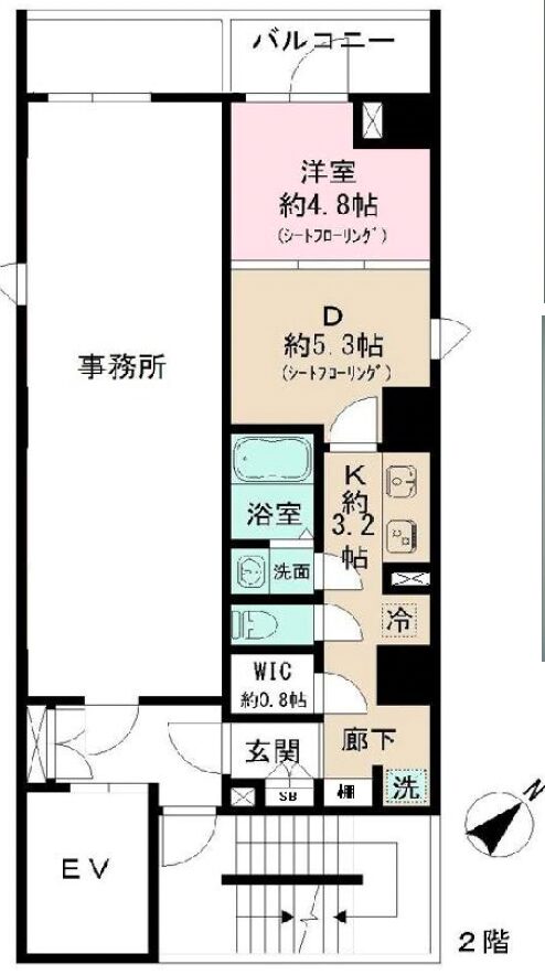 ショコラスイート東日本橋 2F 1DK 34㎡ 仲介手数料半額 間取り図 1DK 34㎡
