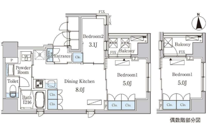 ザ・ライオンズフォーシア八丁堀 2F 2DK 40.37㎡ 仲介手数料無料 間取り図 2DK 40.37㎡