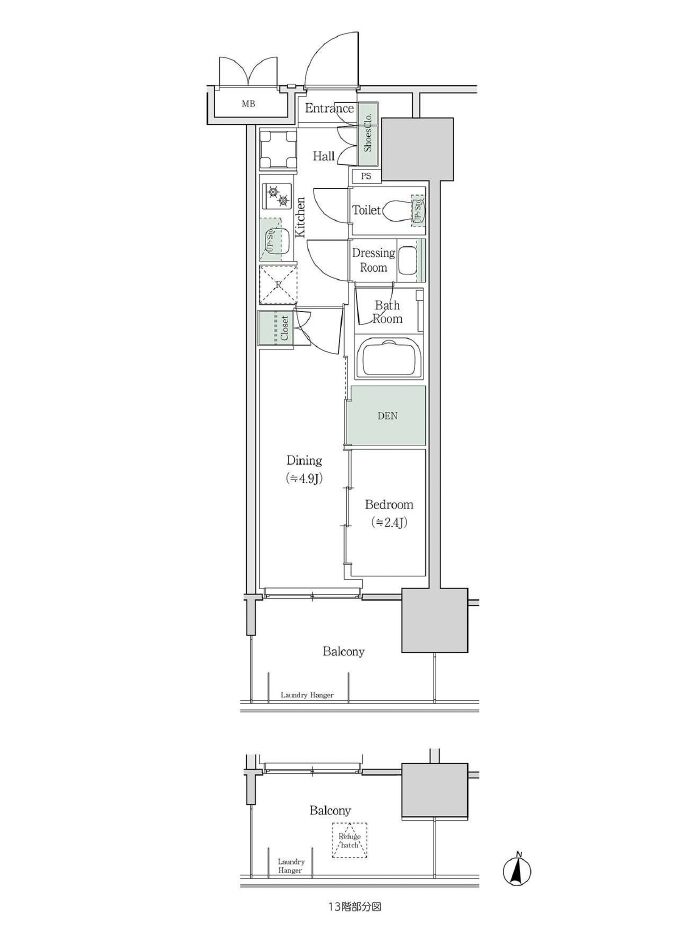 ブルックサイドレジデンス木場 2K+DEN 27.75㎡の間取り図